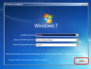 Eingabeaufforderung vom Windows-Installationsmedium aufrufen: Sprachauswahl, Weiter anklicken