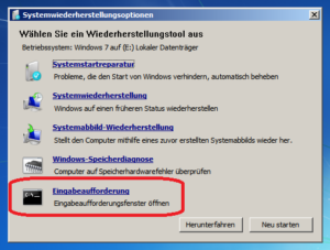 Eingabeaufforderung vom Windows-Installationsmedium aufrufen: Eingabeaufforderung anklicken