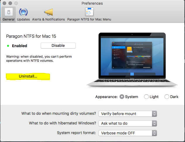 uninstal paragon ntfs for mac